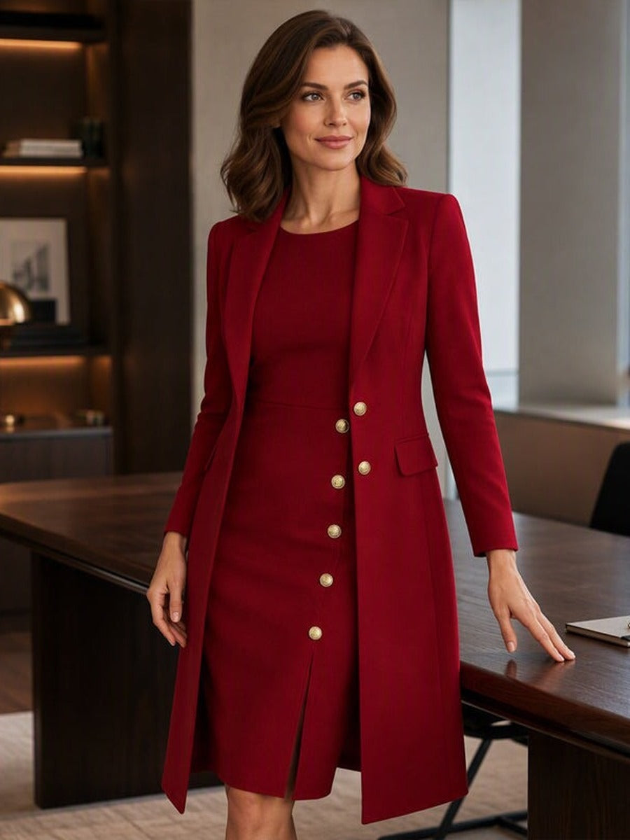 ZAIDA | Conjunto de Blazer Larga y Vestido sin Mangas con Botones Dorados
