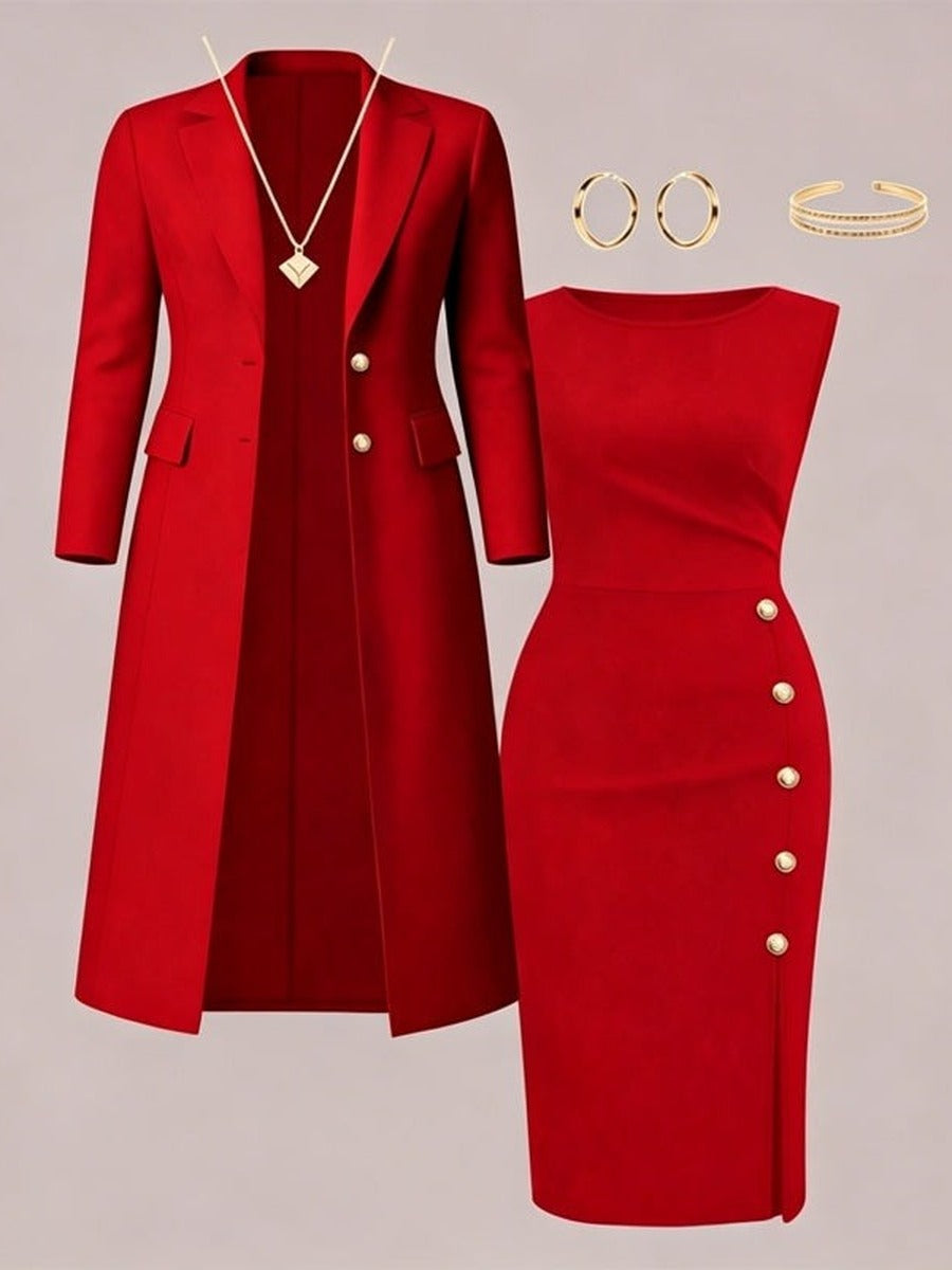 ZAIDA | Conjunto de Blazer Larga y Vestido sin Mangas con Botones Dorados