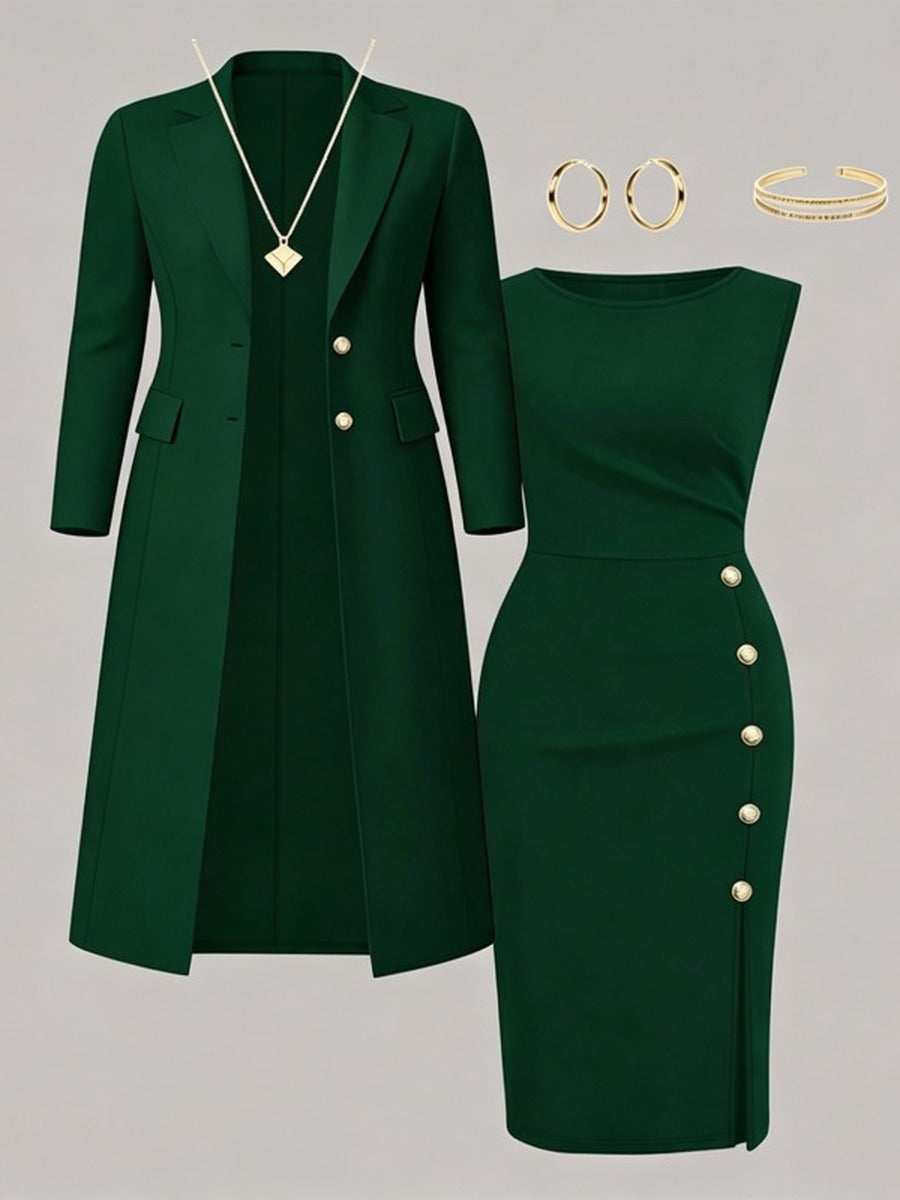 ZAIDA | Conjunto de Blazer Larga y Vestido sin Mangas con Botones Dorados