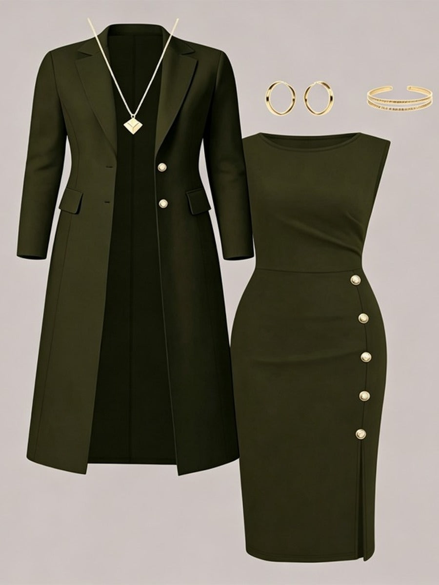 ZAIDA | Conjunto de Blazer Larga y Vestido sin Mangas con Botones Dorados