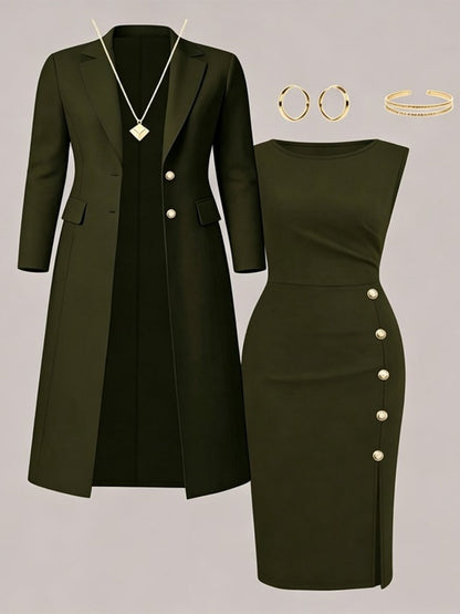 ZAIDA | Conjunto de Blazer Larga y Vestido sin Mangas con Botones Dorados