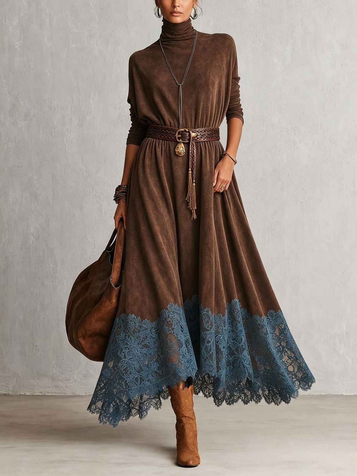 DORALICIA | Vestido Largo Efecto Ante con Bajo de Encaje