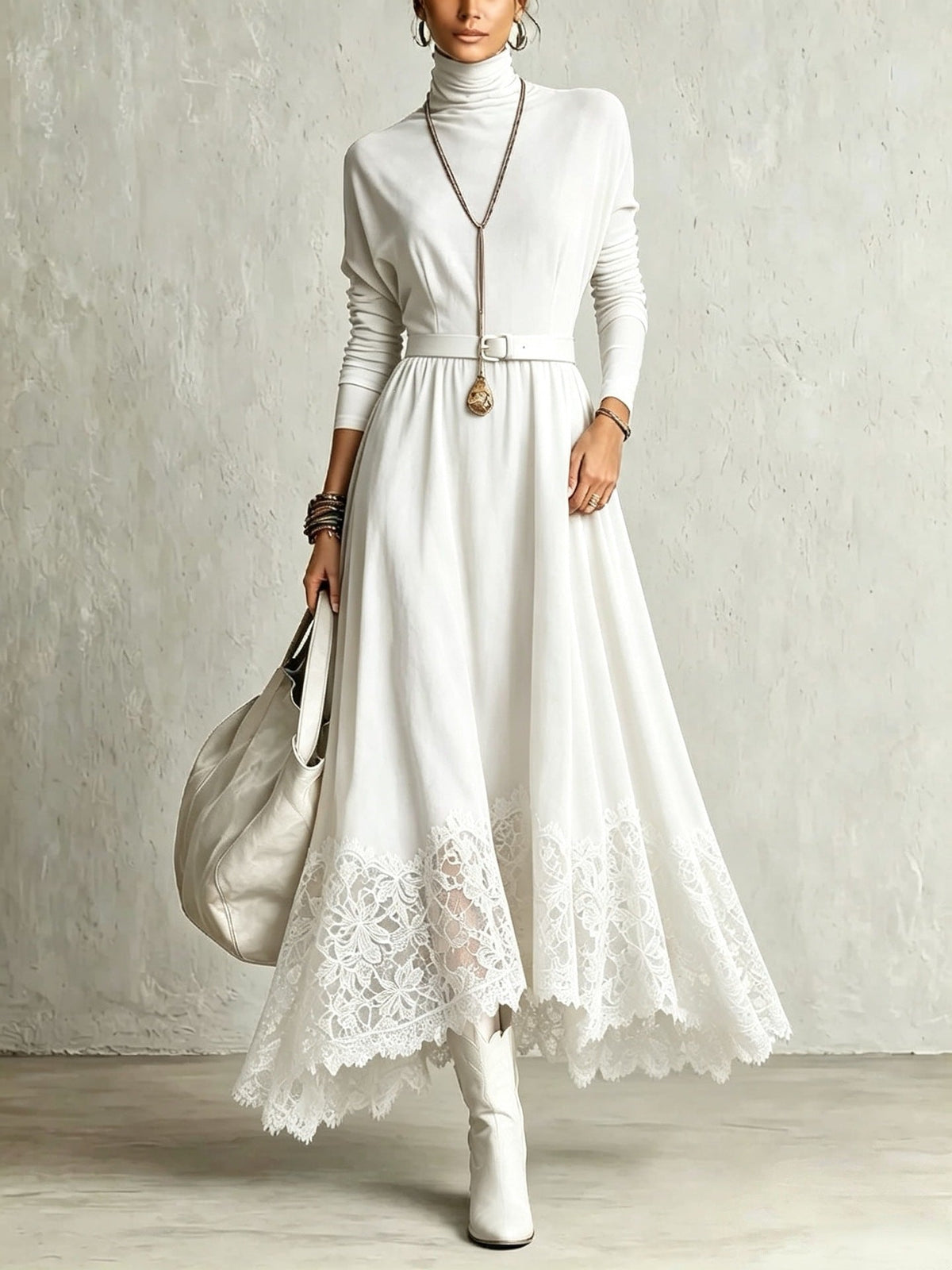 DORALICIA | Vestido Largo Efecto Ante con Bajo de Encaje
