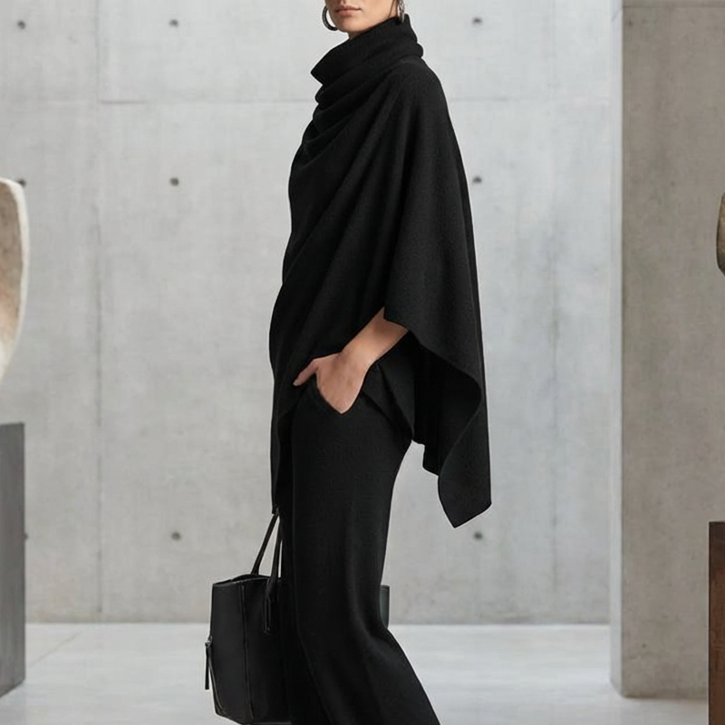 ALMA | Conjunto Capa con Cuello Drapeado y Pantalón Ancho, Negro