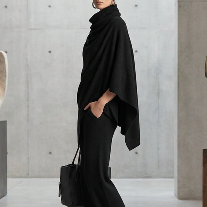 ALMA | Conjunto Capa con Cuello Drapeado y Pantalón Ancho, Negro
