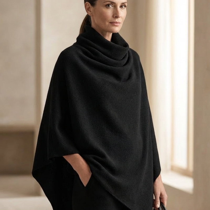 ALMA | Conjunto Capa con Cuello Drapeado y Pantalón Ancho, Negro