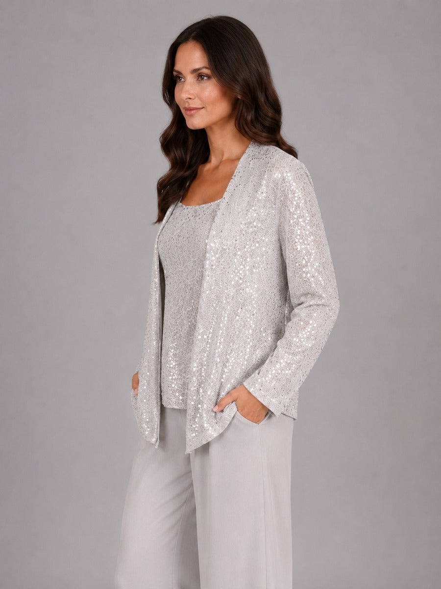 ESCARLATA | Conjunto de Tres Piezas con Chaqueta de Lentejuelas, Top y Pantalón Ancho