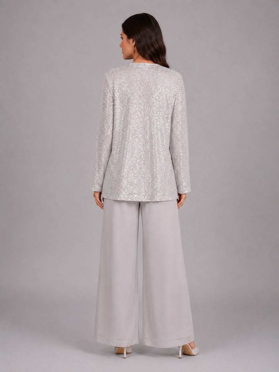 ESCARLATA | Conjunto de Tres Piezas con Chaqueta de Lentejuelas, Top y Pantalón Ancho