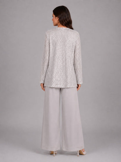 ESCARLATA | Conjunto de Tres Piezas con Chaqueta de Lentejuelas, Top y Pantalón Ancho