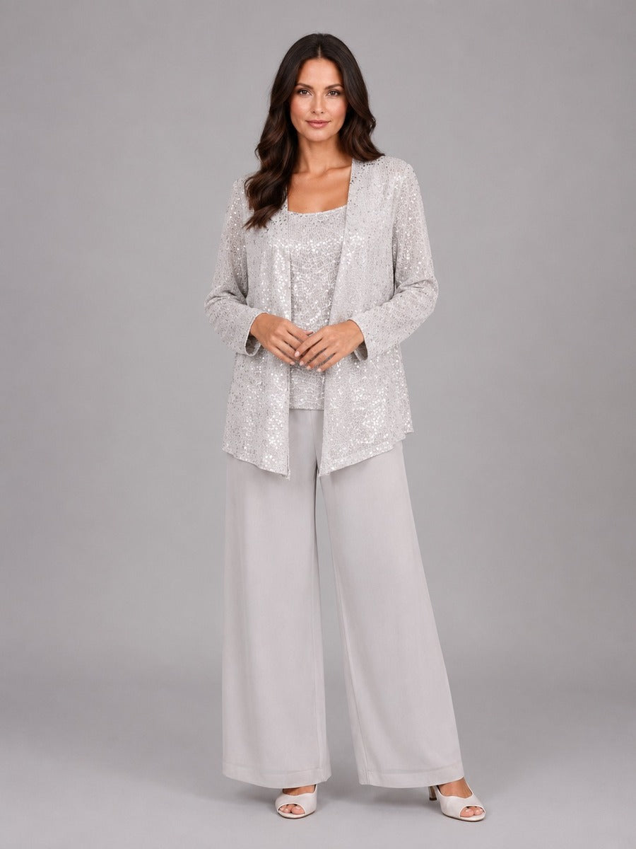 ESCARLATA | Conjunto de Tres Piezas con Chaqueta de Lentejuelas, Top y Pantalón Ancho