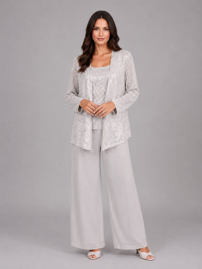 ESCARLATA | Conjunto de Tres Piezas con Chaqueta de Lentejuelas, Top y Pantalón Ancho