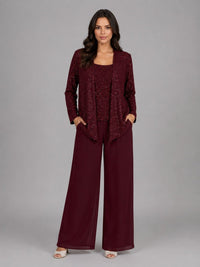 ESCARLATA | Conjunto de Tres Piezas con Chaqueta de Lentejuelas, Top y Pantalón Ancho