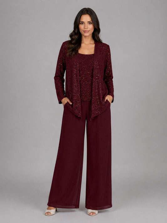 ESCARLATA | Conjunto de Tres Piezas con Chaqueta de Lentejuelas, Top y Pantalón Ancho