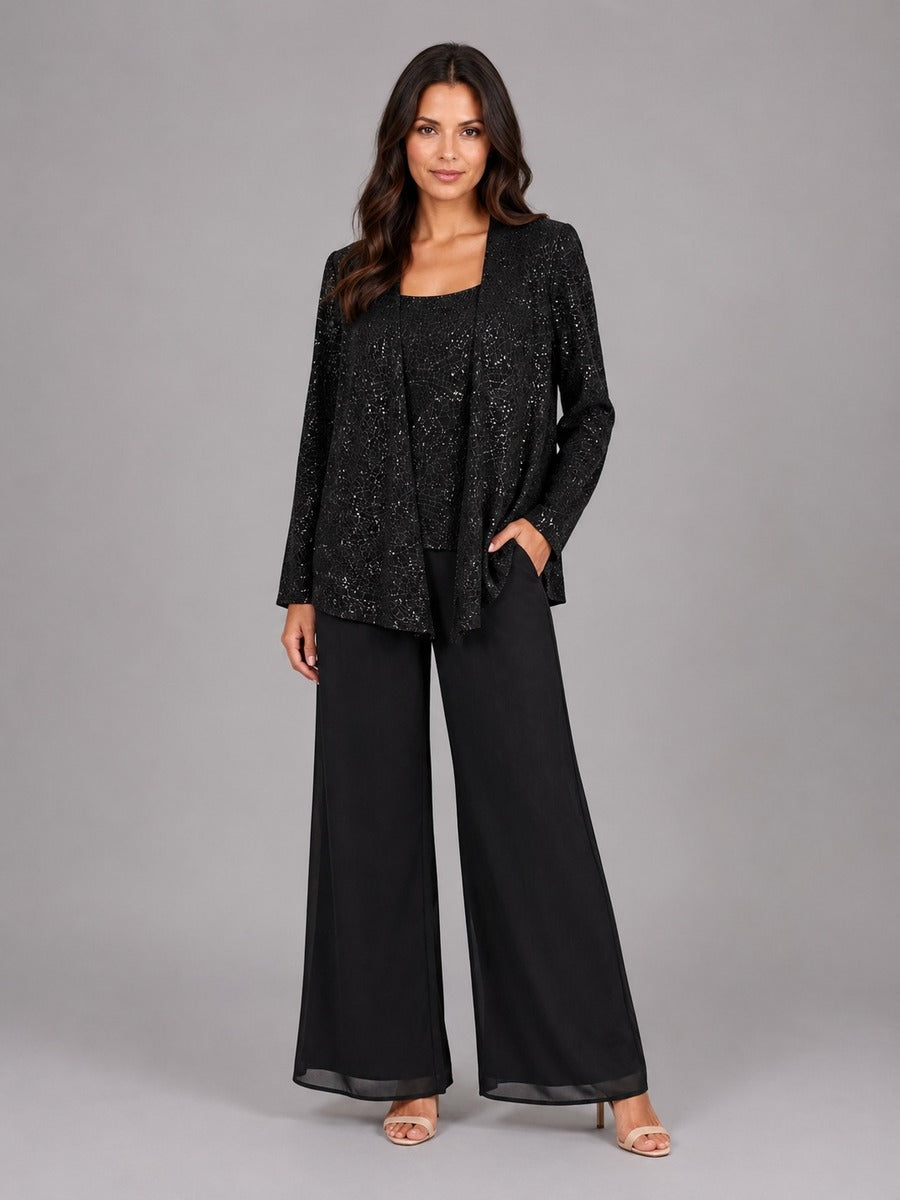 ESCARLATA | Conjunto de Tres Piezas con Chaqueta de Lentejuelas, Top y Pantalón Ancho