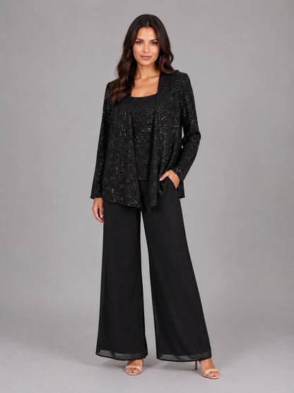 ESCARLATA | Conjunto de Tres Piezas con Chaqueta de Lentejuelas, Top y Pantalón Ancho