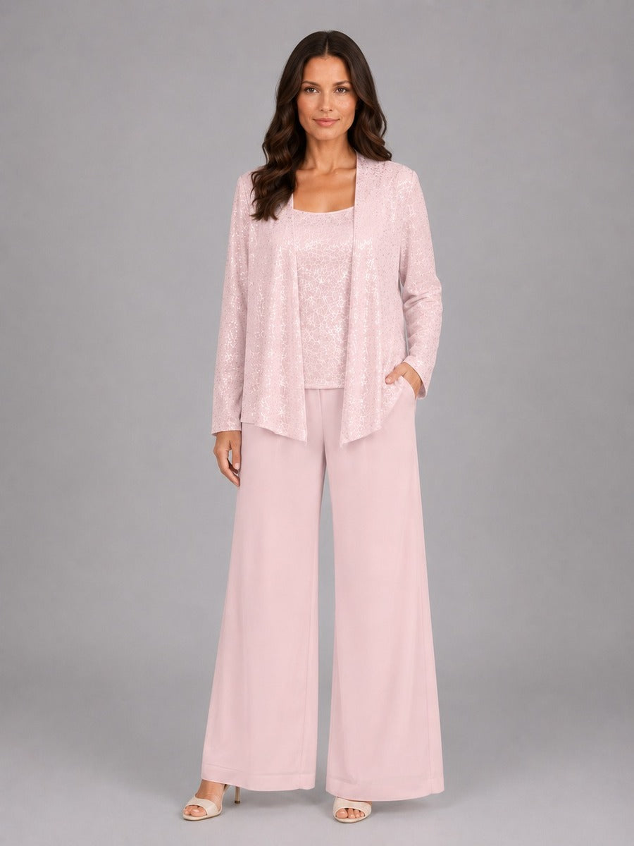ESCARLATA | Conjunto de Tres Piezas con Chaqueta de Lentejuelas, Top y Pantalón Ancho