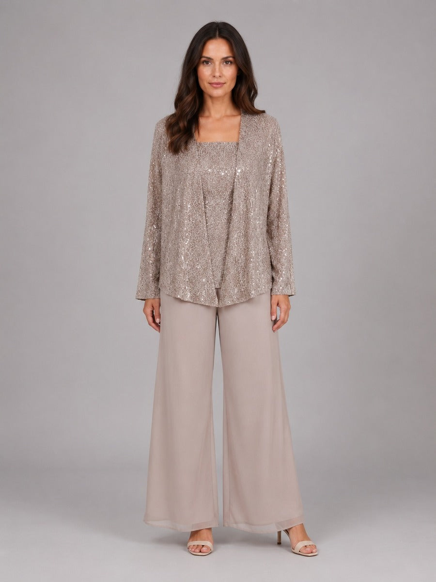 ESCARLATA | Conjunto de Tres Piezas con Chaqueta de Lentejuelas, Top y Pantalón Ancho