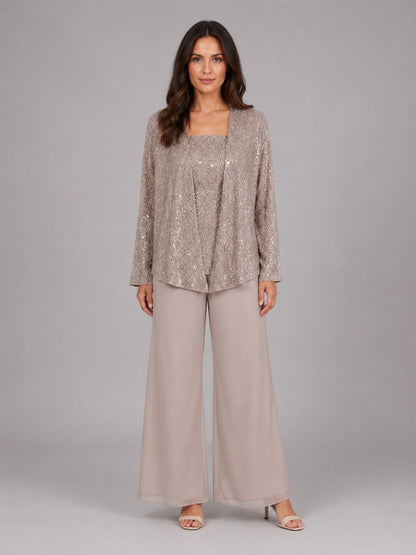 ESCARLATA | Conjunto de Tres Piezas con Chaqueta de Lentejuelas, Top y Pantalón Ancho